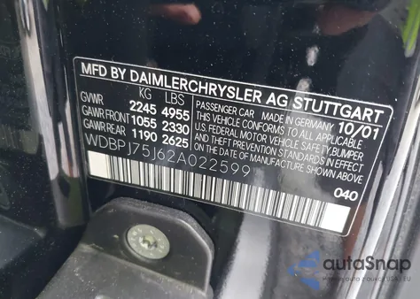 2002 Mercedes-Benz Cl 500 from USA, damaged, VIN WDBPJ75J62A022599